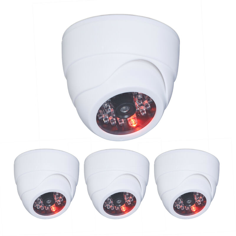 Set of 4 Dummy Cameras, Flashing led Light, Indoor & Outdoor, Burglar Deterrent, 7 x 9.5 x 9.5 cm, White - Relaxdays