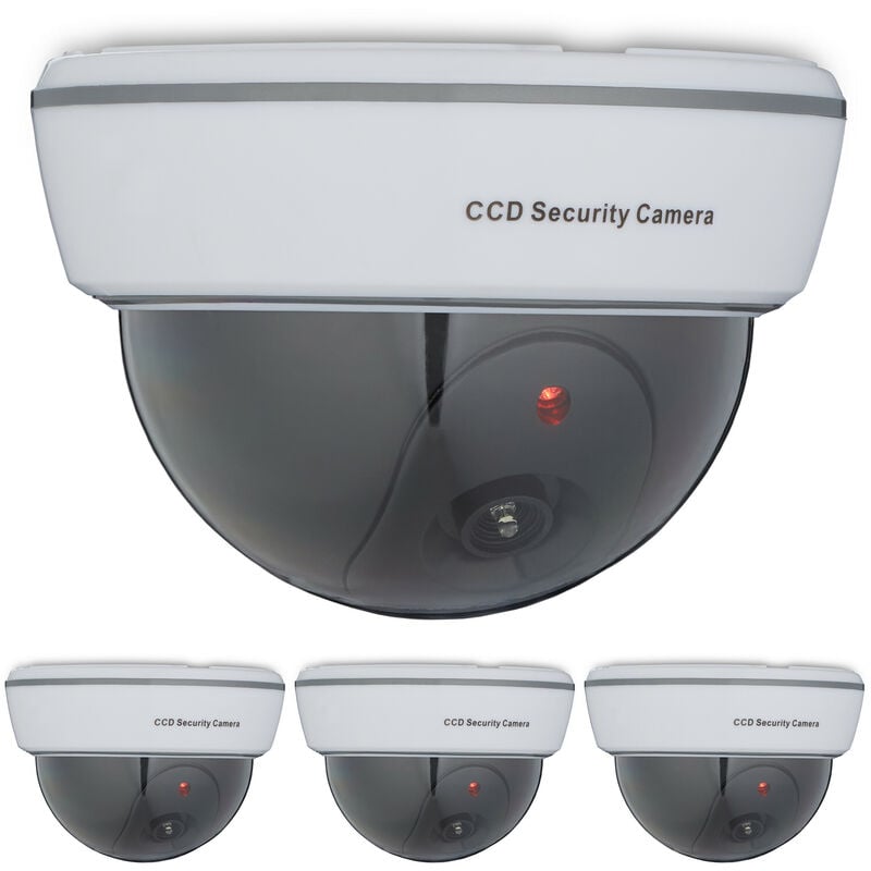 Set of 4 Dummy Cameras, Flashing led Light, Indoor & Outdoor, Burglar Deterrent, 8.5 x 12.5 x 12.5 cm, White - Relaxdays