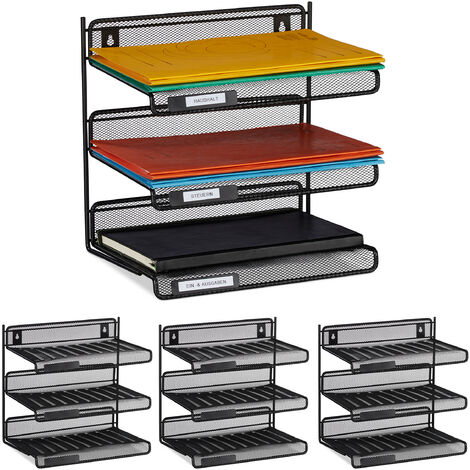 Relaxdays Set of 4 Filing Systems Metal, 3 Trays for Labelling, Office & Workroom, Wall Mounted, 32 x 33 x 25 cm, Black