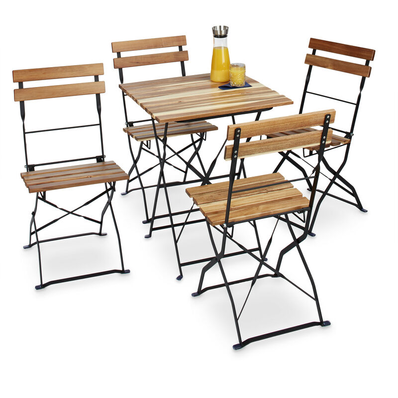 Relaxdays Set of 4 Garden Chairs, Foldable, Metal, Natural Wood, No Armrests, HxWxD: 84 x 42 x 44 cm, Natural Brown