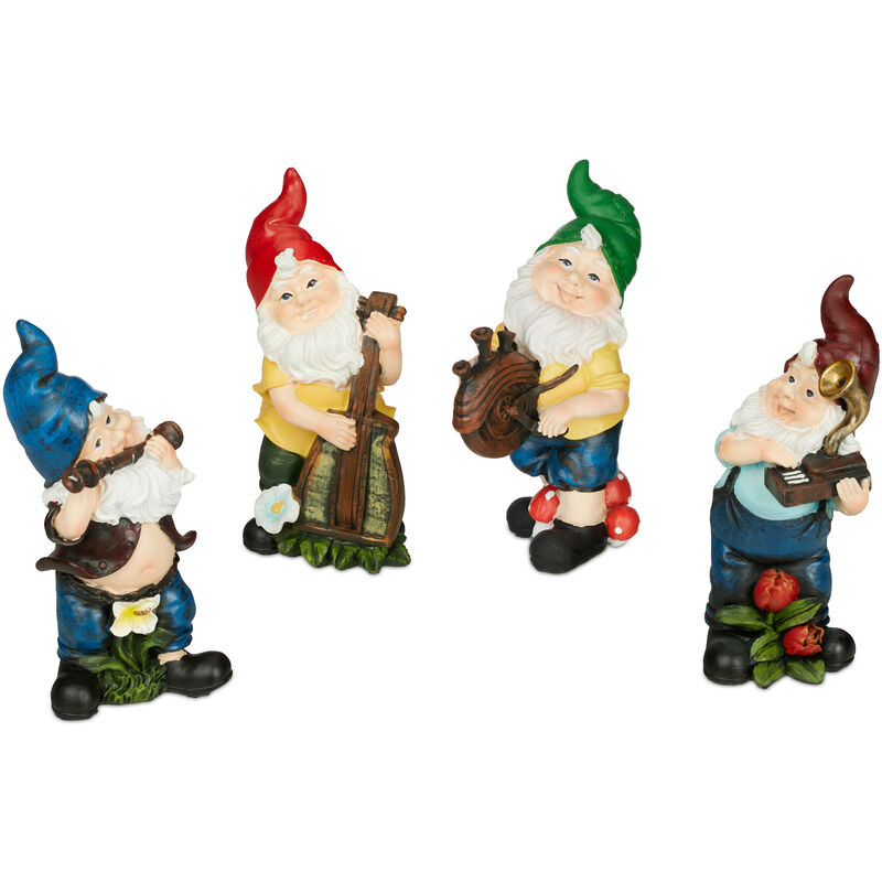 Set of 4 Garden Gnomes, Musicians with Instruments, Fost Resistant, Outdoor Figurine, Polyresin, Multicoloured - Relaxdays