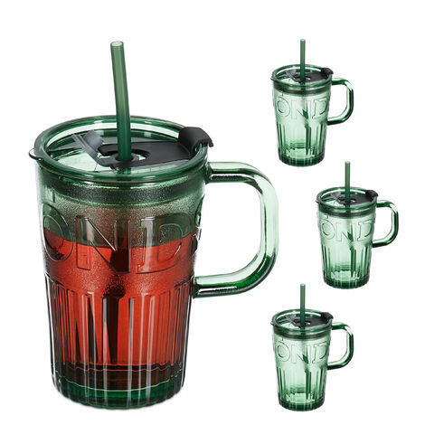 450ml Drinking Glass Set Mason Jar Mugs With Handle &straws (green)