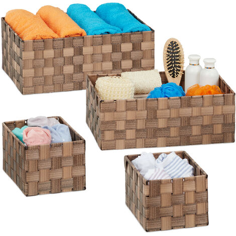 Relaxdays Set of 4 Storage Baskets, Woven, Bathroom & Bedroom Organiser Boxes, Rectangular, 3 Sizes, Plastic, Brown