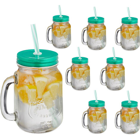 450ml Drinking Glass Set Mason Jar Mugs With Handle &straws (green)