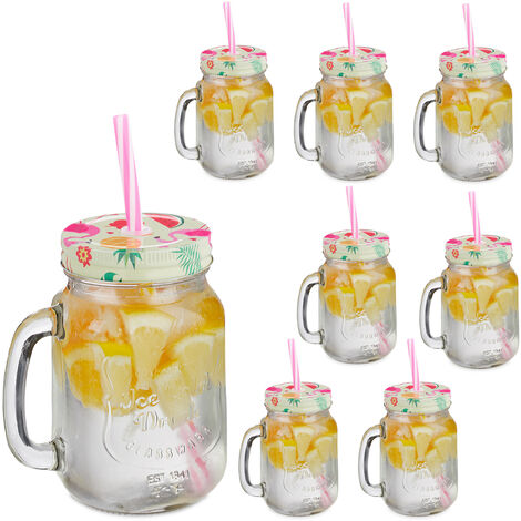 450ml Drinking Glass Set Mason Jar Mugs With Handle &straws (green)