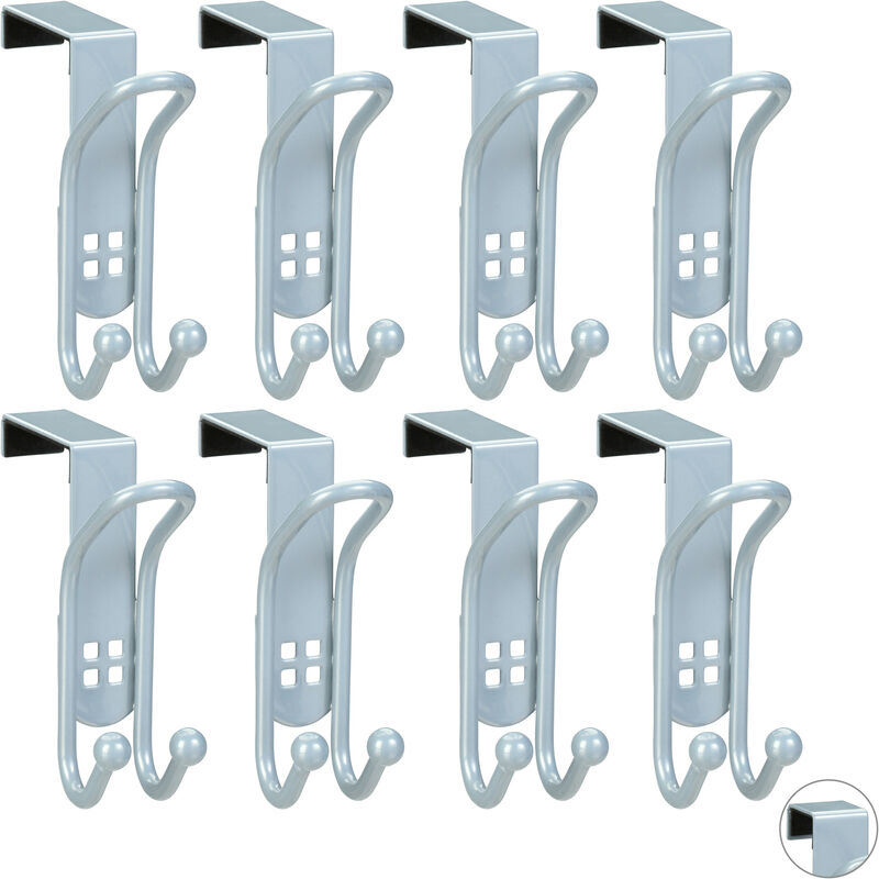 Relaxdays Set of 8 Metal Over Door Hooks, Double Hooks for Coats or Towels, Size L for Door Thickness of 4.5 cm