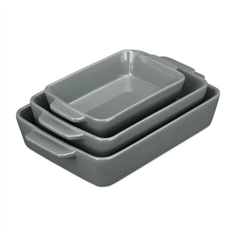Relaxdays Set of Casserole Dishes in 3 Sizes, Rectangular, for Lasagna, Roast, Tiramisu, Ceramic Oven Form, Grey