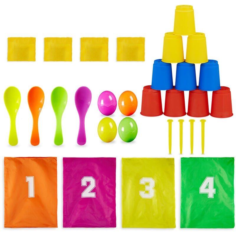 Children's Party Games, 3 in 1 Set, Garden, for Birthday Parties, Sack Race, Egg & Spoon, Can Throwing - Relaxdays