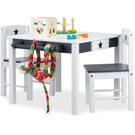 Relaxdays Set Tavolino con 2 Sedie in Legno STAR, Tavolo e Sedioline, per Bambini & Bambine,con Stella, bianco-grigio