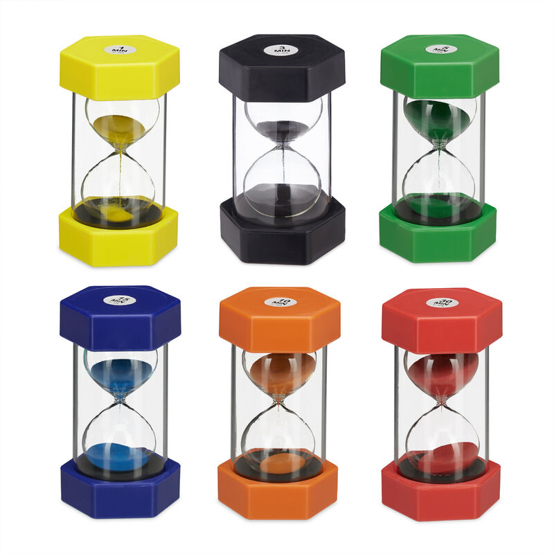 Relaxdays - xxl Hourglass Set, Toothbrush Clocks, Shatterproof, 1, 3, 5, 10, 15 & 30 min, Sand, Glass, Plastic