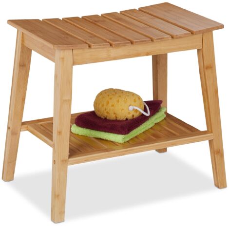Relaxdays Sgabello da Bagno con Ripiano, Mobiletto in Bambù, 45 x 51,5 x 34 cm, Sgabellino per Corridoio, Marrone Chiaro