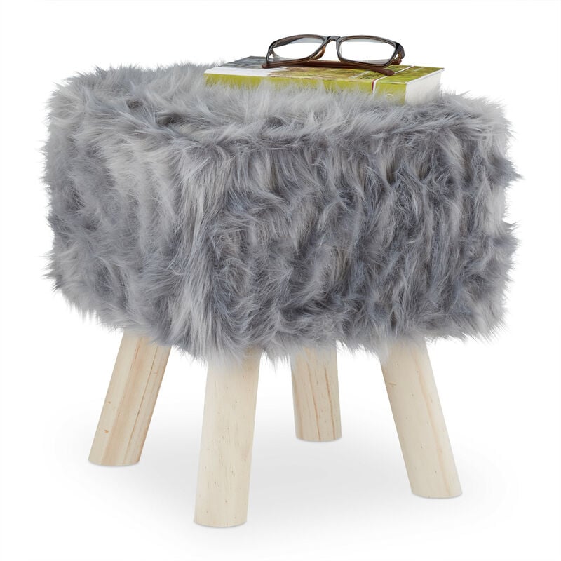 Relaxdays Stool Faux Fur, Decorative Wooden Legs, Side Chair, Seat for Dressing Table, Footrest, HWD: 37x32x32 cm, Grey