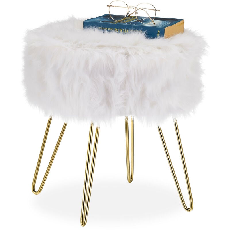 Stool, Faux Fur Round Seat, Elegant Upholstered Pouf, Metal Legs, Modern & Glamorous, HxØ: 40x38cm, White/Gold - Relaxdays