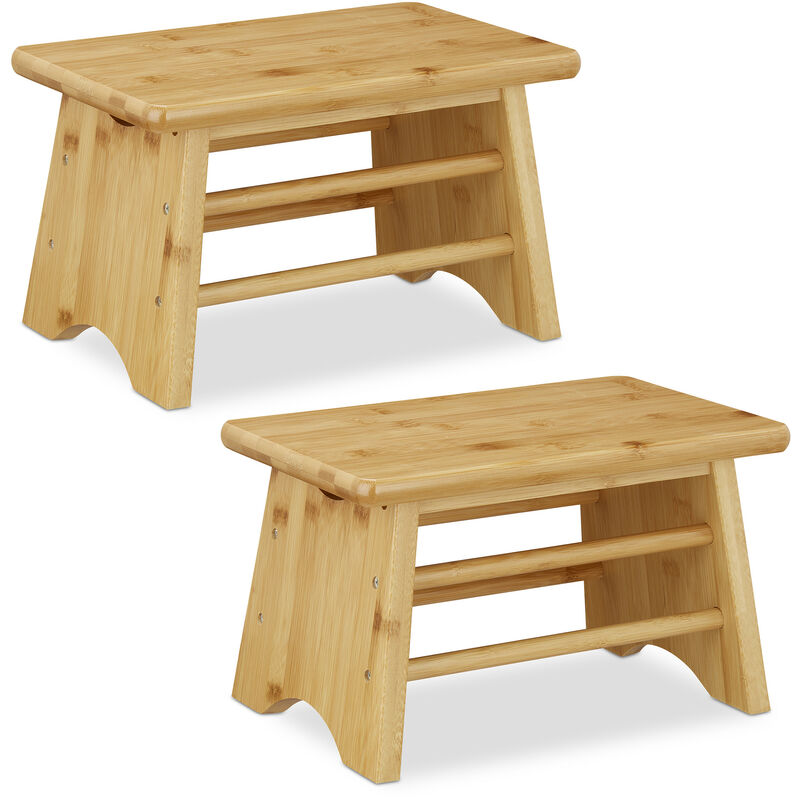 2 X Relaxdays Footstool Bamboo, Up To 100 Kg, Stable Step Stool, Kids Stoop, Hxwxd, 20 X 33 X 21.5 Cm, Natural