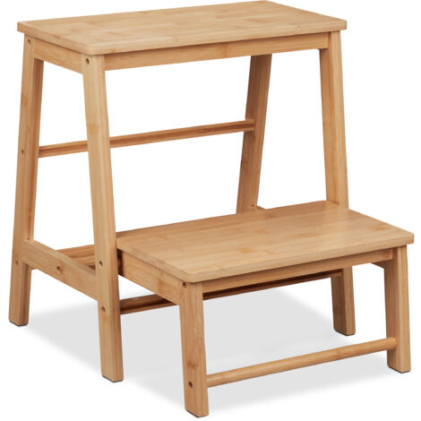 Relaxdays Sgabello Poggiapiedi in Bambù, fino a 100 kg, Pieghevole, 2 Scalini Appoggia Piedi,  48 x 45 x 51 cm, Naturale