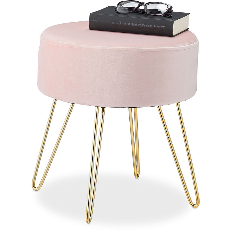 Velvet Stool, Round Seat, Elegant Upholstered Pouf, Golden Metal Legs, Modern & Glamorous, HxØ: 40x40 cm, Pink - Relaxdays