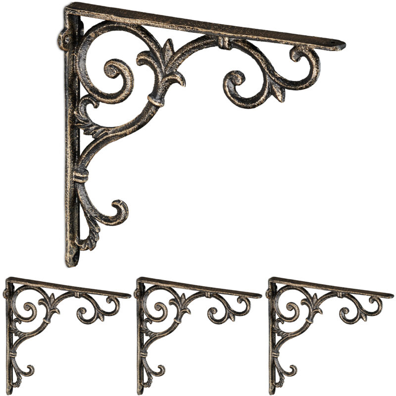 Relaxdays Shelf Brackets, Set Of 4, Cast Iron, Antique Style Supports, For Wall-mounted Shelves, 24.5x4x24.5 Cm, Bronze