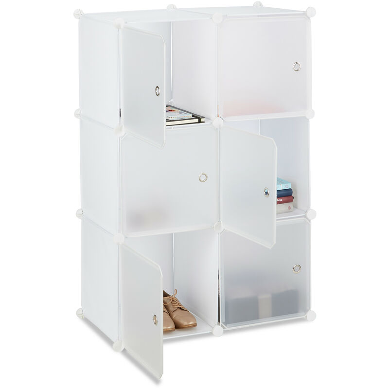 Shelving System with 6 Doors, diy, Cubes, Handles, Partition, Plastic, hwd: 105x70x35 cm, White - Relaxdays