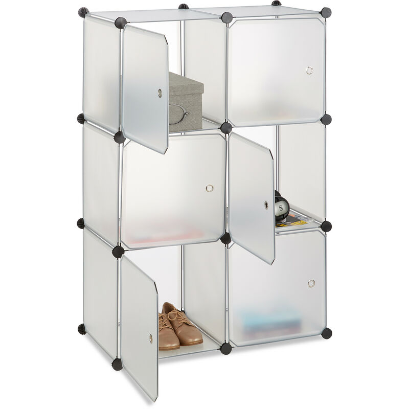 Shelving System with 6 Doors, diy, Cubes, Handles, Partition, Plastic, hwd: 105x70x35 cm, Transparent - Relaxdays