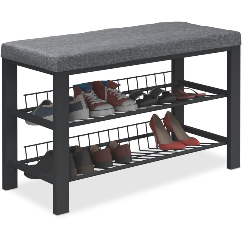 Relaxdays Shoe Bench, 2 Levels, Shoeshelf with Upholstered Seat, 50.5 x 82 x 33 cm, Hallway or Bedroom, Black/Anthracite