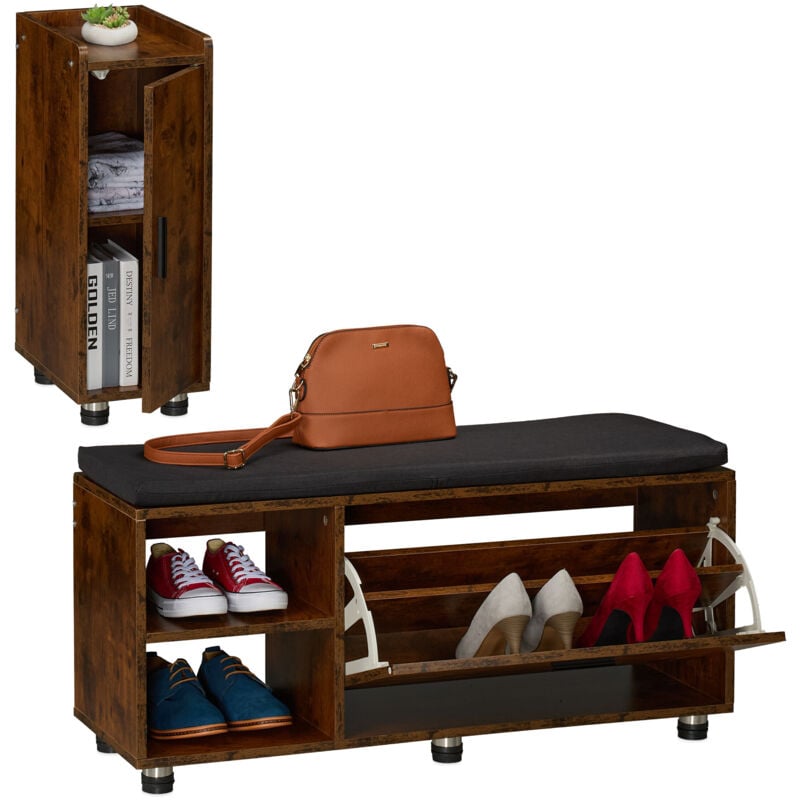 Relaxdays Shoe Bench & Cabinet, 2-Piece Set, Footwear Storage with Seat, Cupboard, Hallway & Bedroom, Brown/Black
