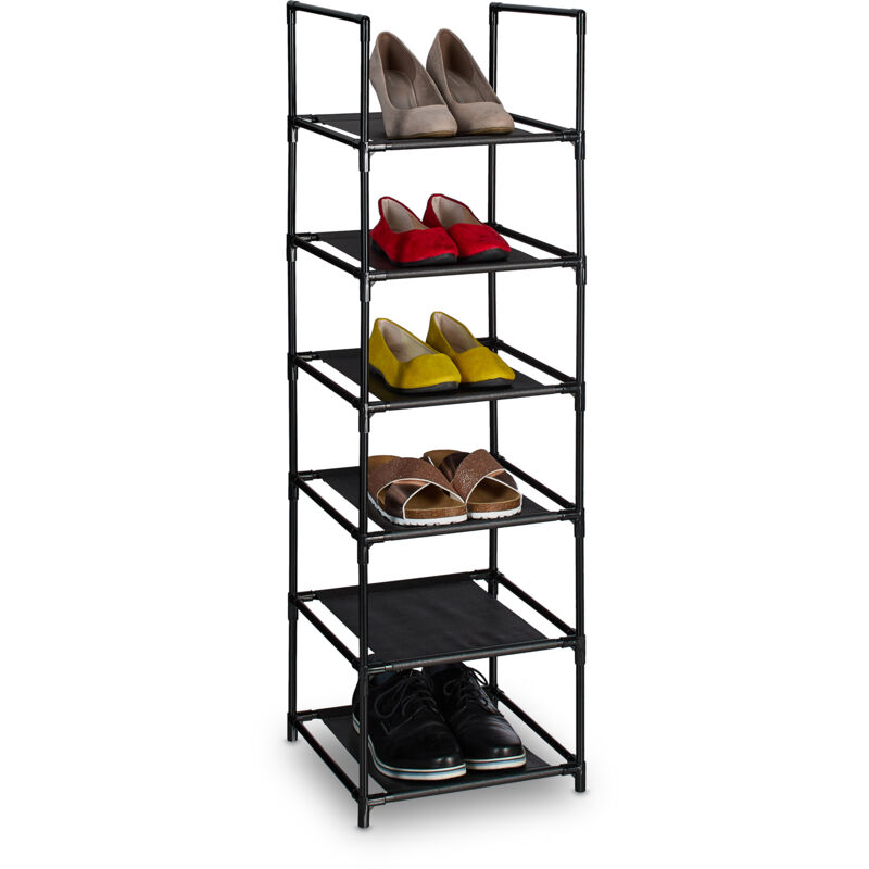Shoe Rack, 6 Tiers, Narrow Metal Frame, Fabric Levels, Plug Together, Organise, Hallway Storage, Black/grey - Relaxdays
