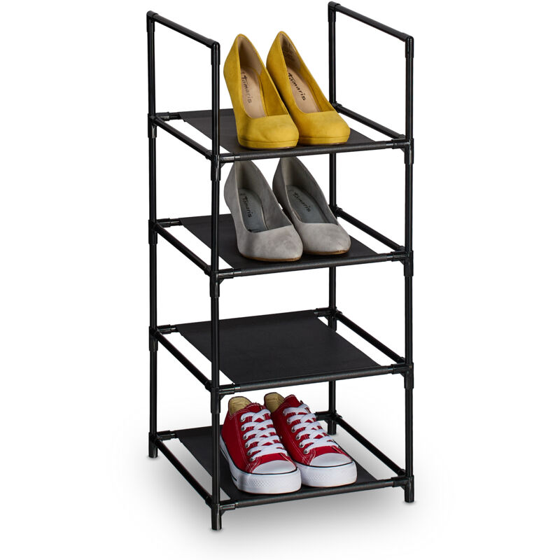 Shoe Rack, 4 Tiers, Narrow Metal Frame, Fabric Levels, Plug Together, Organise, Hallway Storage, Black/grey - Relaxdays