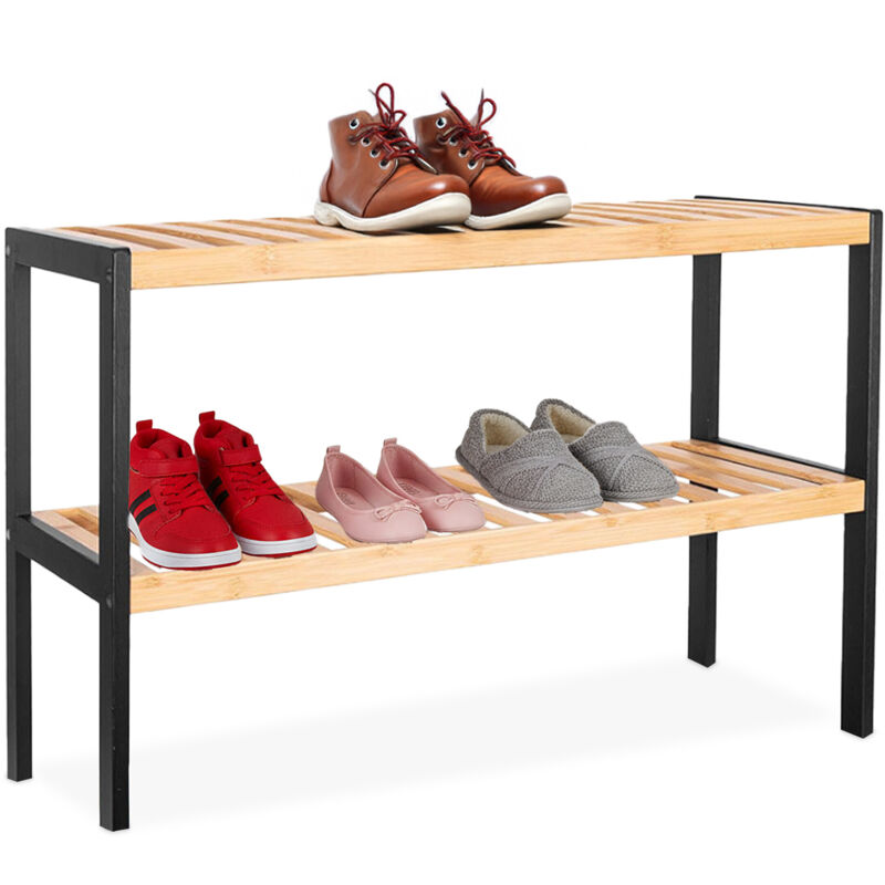 Relaxdays Bamboo Shoe Rack, Hxwxd, 33 X 70 X 26 Cm, 2 Tiers, Holds 6 Pairs, Shoe Stand With Open Shelves, Natural/black