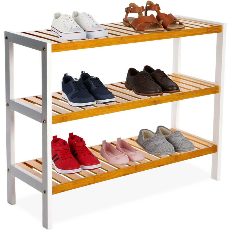 Relaxdays Bamboo Shoe Rack, Hxwxd, 55 X 70 X 26 Cm, 3 Tiers, Holds 9 Pairs, Shoe Stand With Open Shelves, Natural/white