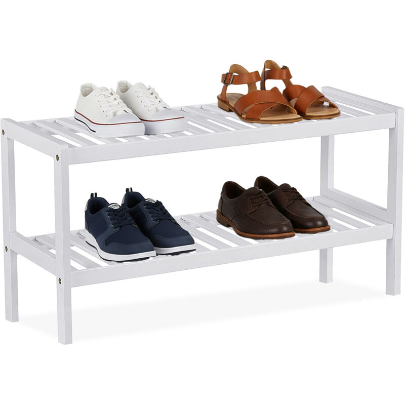 Relaxdays Bamboo Shoe Rack, Hxwxd, 33 X 70 X 26 Cm, 2 Tiers, Holds 6 Pairs Of Shoes, White Shoe Stand With Shelves
