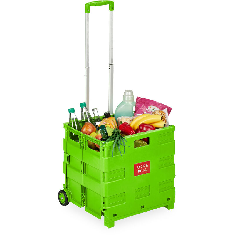 Shopping Trolley, Foldable, Up to 35 kg, 50 l, with Telescopic Handle, Shopping Transport Cart, Green - Relaxdays