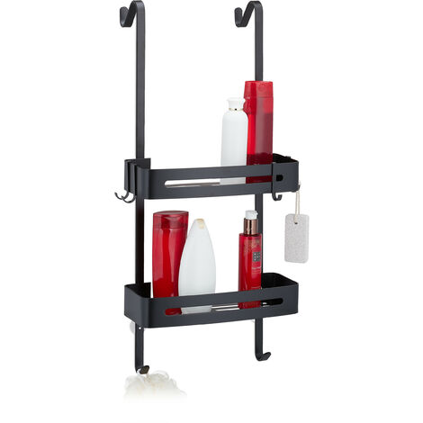 Relaxdays Shower Rack for Hanging, No drilling, 2-Tiered Caddy, 8 Hooks, Aluminium, HxWxD: 72.5 x 33 x 23 cm, Black