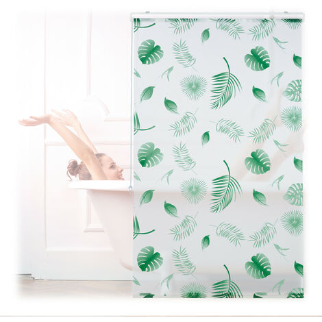 Relaxdays Shower Roller Blind, Leaf Pattern, Flexible Mounting, Pull-up Curtain for Bath & Window, HxW: 100x240cm, Green