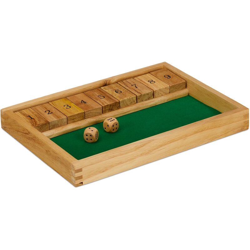 Shut The Box With 9 Numbers , 2 Wooden Dice & Board, For 2+ Players, Classical Family Game, Natural/Green - Relaxdays