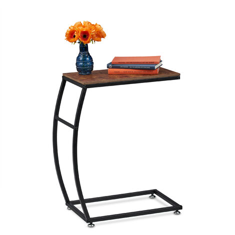 Relaxdays Side Table, C-shape, Industrial Design, H x W x D: approx. 58.5 x 47.5 x 25 cm, MDF & Metal, Brown