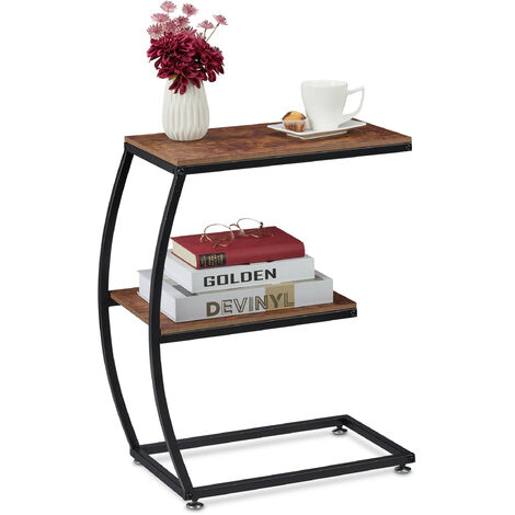 Relaxdays Side Table, C-shape, Two Shelves, H x W x D: approx. 58.5 x 47.5 x 25 cm, MDF & Metal, Brown