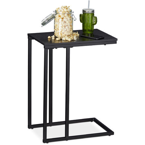 Relaxdays Side Table, Rectangular C-Shape Stand, Couch & Bed. Metal & Wood, HWD: 59.5 x 30 x 45 cm, Black