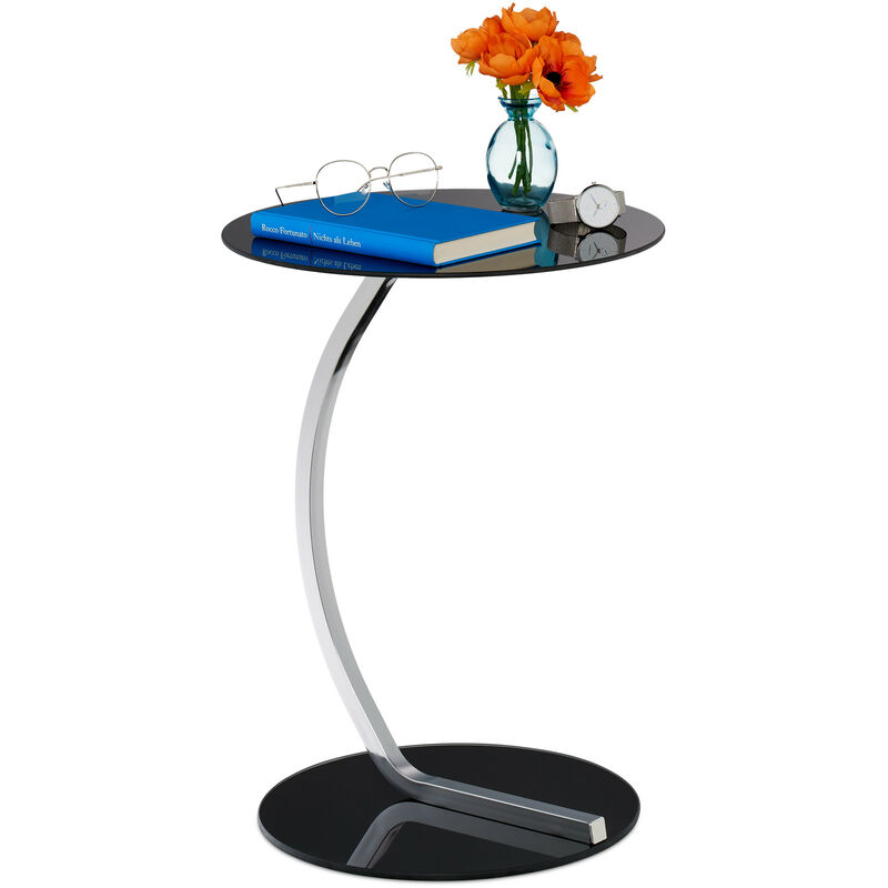 Side table, round, glass tabletop, steel base, modern design, end table for the couch, black - Relaxdays