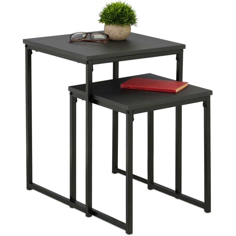 Relaxdays Side Table Set Of 2, Stackable, 2 Sizes, Coffee Counter, Square, Metal, Living Room Decor, Black