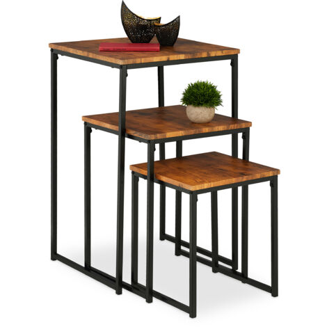 Relaxdays Side Table Set of 3, Stackable, 3 Sizes, Coffee Counter, Square, Metal, Living Room Decor, Brown/Black