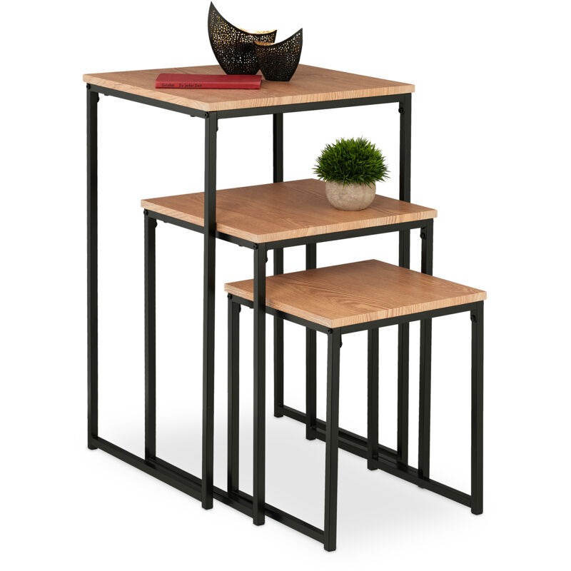 Side Table Set Of 3, Stackable, 3 Sizes, Coffee Counter, Square, Metal, Living Room Decor, Light Brown/Black - Relaxdays
