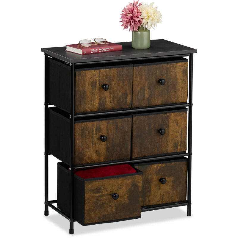 Relaxdays Kommode, 6 Stoffschubladen, Flur & Schlafzimmer, Hxbxt, 73x60x32 Cm, Schubladenschrank, Metall, Braun/grau