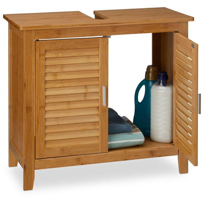 Sink Cabinet lamell, 2 Doors, Bathroom Storage, Bamboo & mdf, hwd: app. 60 x 67 x 30 cm, Natural - Relaxdays