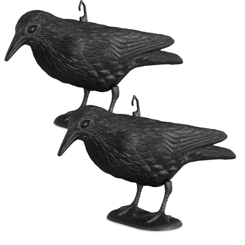 Relaxdays 2x Sitting Crow Bird Repellent, Scarecrow Decoration, Flying Decoy Pest Control Prop, 20 X 33 X 12 Cm, Black