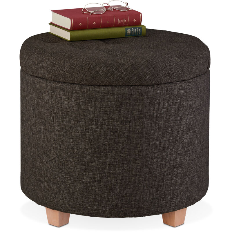 Sitzhocker Mit Stauraum, Gepolsterter Hocker Rund, Für Wohnzimmer, Leinen-optik, H X D, 41 X 44 Cm, Braun - Relaxdays