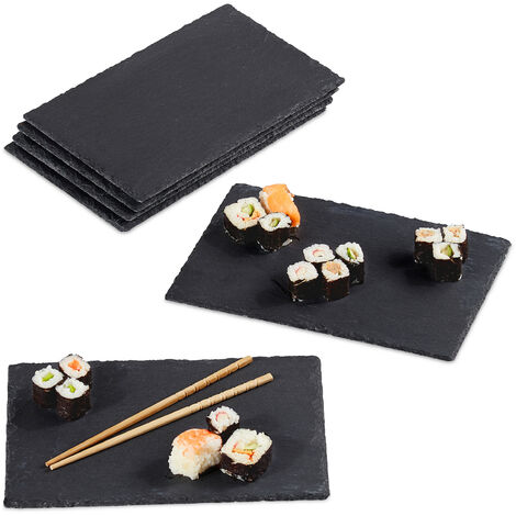 Relaxdays Slate Plates, Set of 6, Rectangular Serving Platters, 26 x 16 cm, Cheese Board, for Buffets, Dark Grey