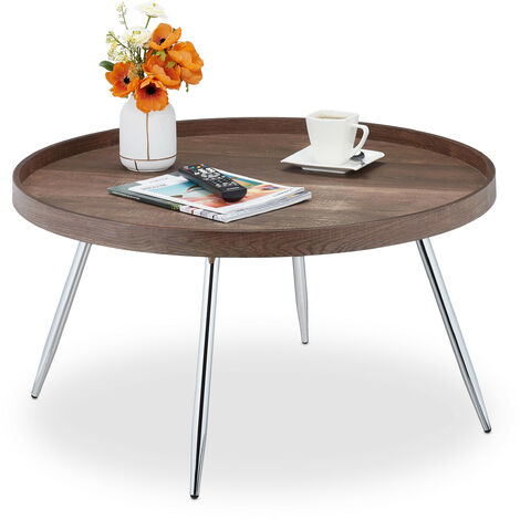 Relaxdays Small Coffee Table, Round Side-Table, HxW; 42x78 cm, Vintage Wood Look, Living Room MDF & Steel, Brown/ Silver