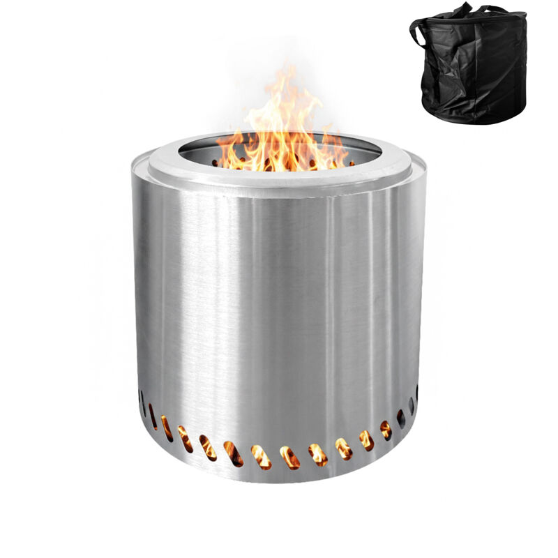 Relaxdays Smokeless Fire Bowl, Stainless Steel, Hxd 36 X 38 Cm, Ash Container & Bag, Silver