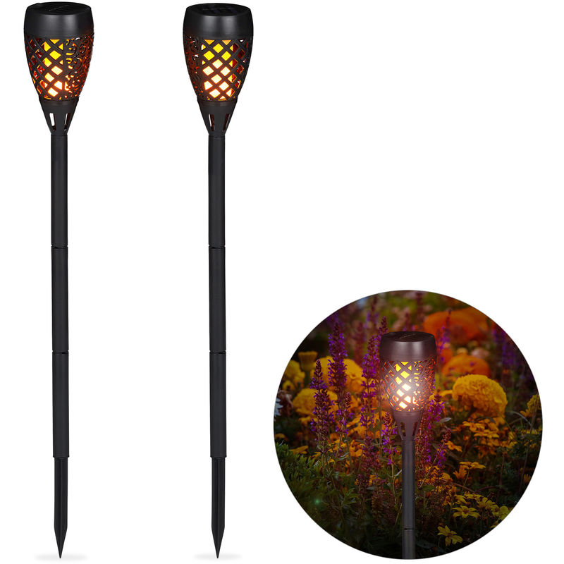 Relaxdays Solar Garden Torch Set of 2, Outdoor Garden Lighting, Flickering Flame, With Spikes, H: 78 cm, Black