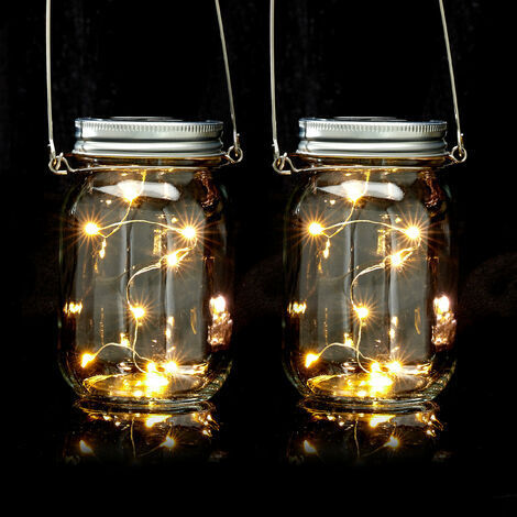 Relaxdays Solar Glas 2er Set, je 8 LED im Einmachglas, stellen oder hängen, Solarleuchte für den Garten, transparent